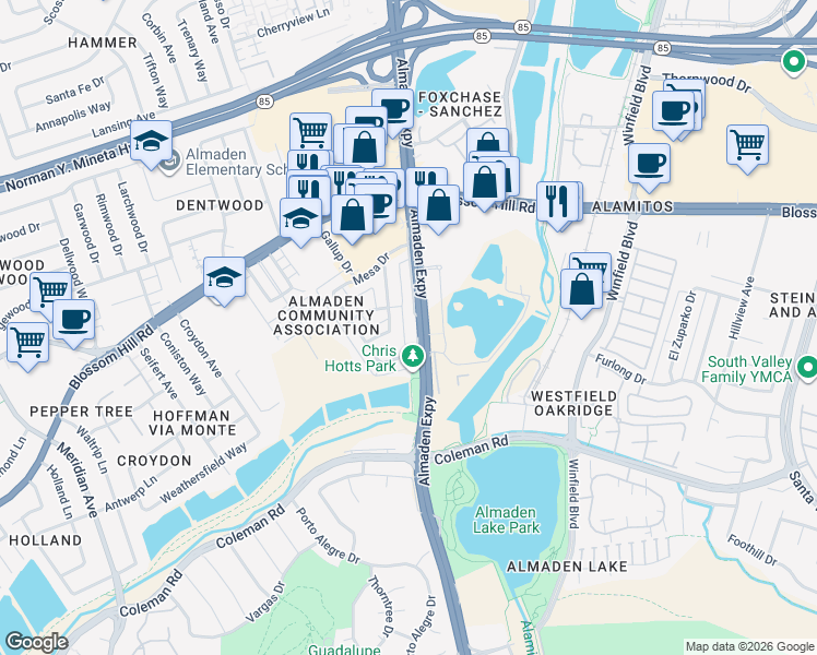 map of restaurants, bars, coffee shops, grocery stores, and more near 5745-5747 Almaden Road in San Jose