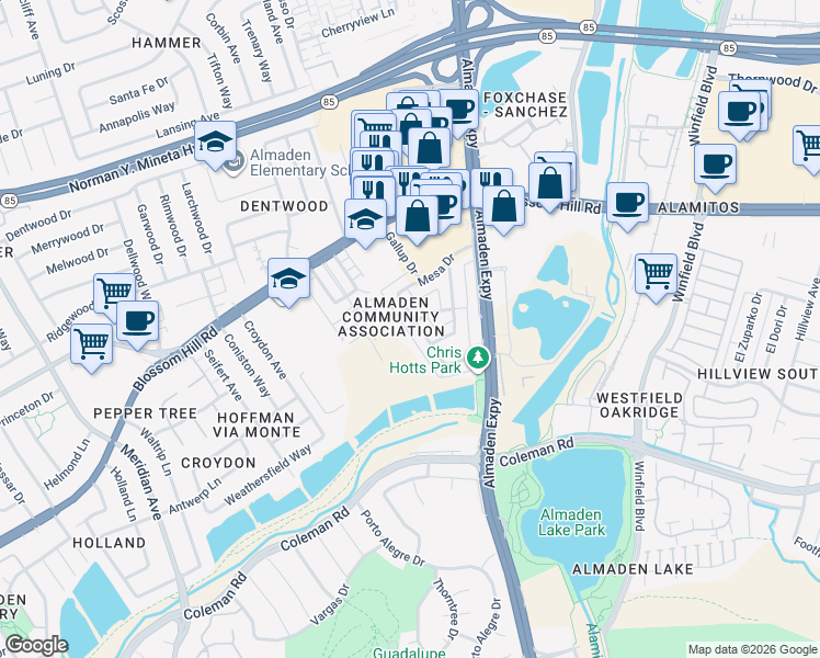 map of restaurants, bars, coffee shops, grocery stores, and more near 5709 Via Monte in San Jose