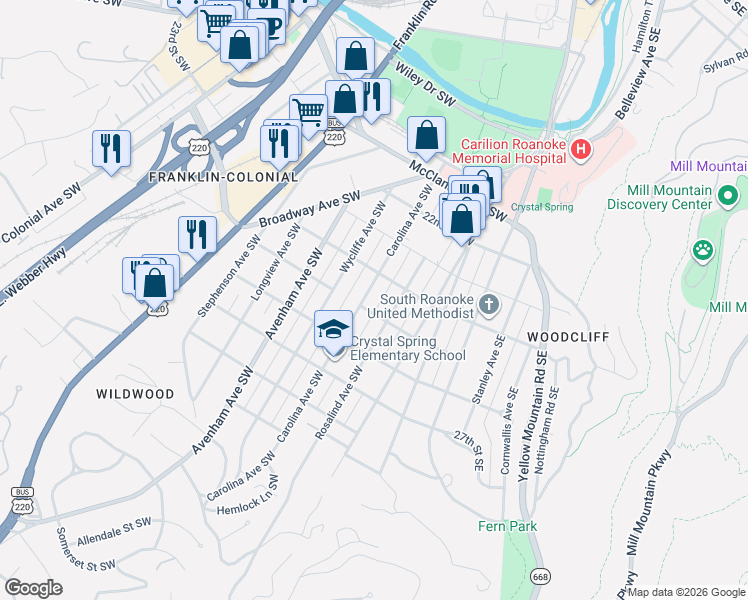 map of restaurants, bars, coffee shops, grocery stores, and more near 2421 Rosalind Ave SW in Roanoke