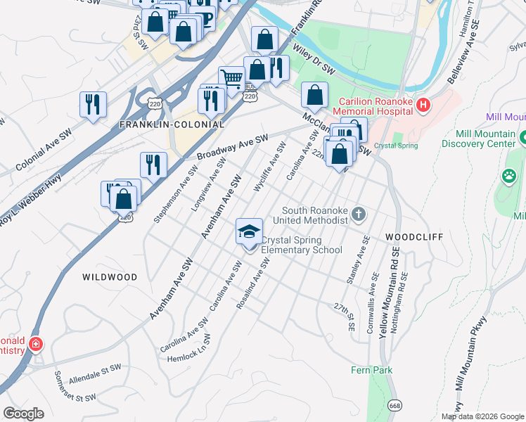 map of restaurants, bars, coffee shops, grocery stores, and more near 2503 Carolina Avenue Southwest in Roanoke
