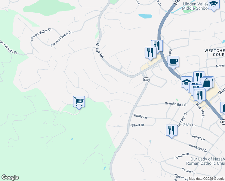 map of restaurants, bars, coffee shops, grocery stores, and more near 5517 Warwood Drive in Cave Spring