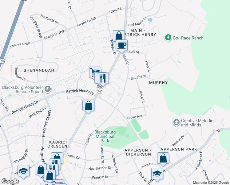 map of restaurants, bars, coffee shops, grocery stores, and more near in Blacksburg