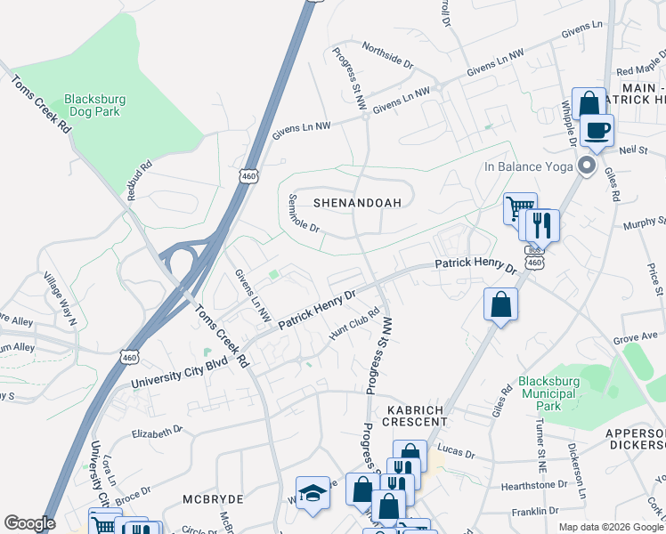 map of restaurants, bars, coffee shops, grocery stores, and more near 333 Shenandoah Circle in Blacksburg