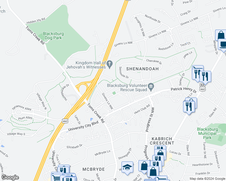 map of restaurants, bars, coffee shops, grocery stores, and more near 417 Laurence Lane in Blacksburg