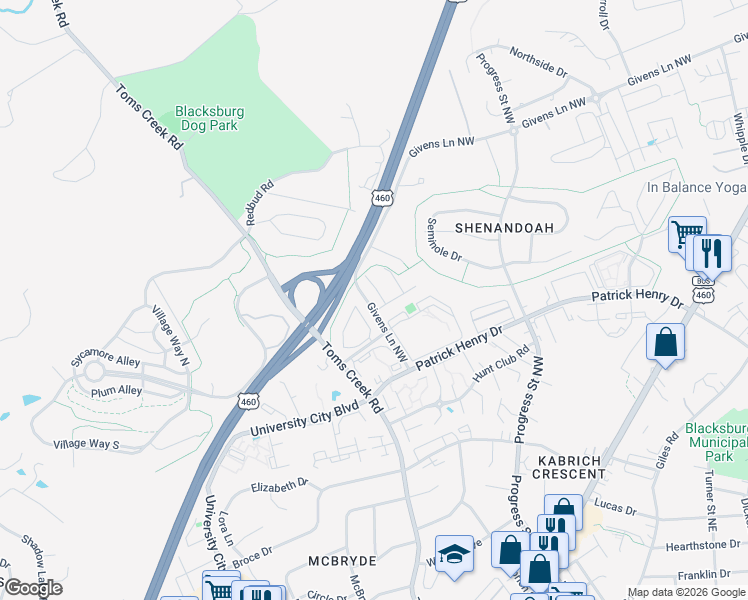 map of restaurants, bars, coffee shops, grocery stores, and more near 1403 Christine Court in Blacksburg