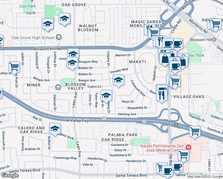 map of restaurants, bars, coffee shops, grocery stores, and more near 5801 Calpine Drive in San Jose