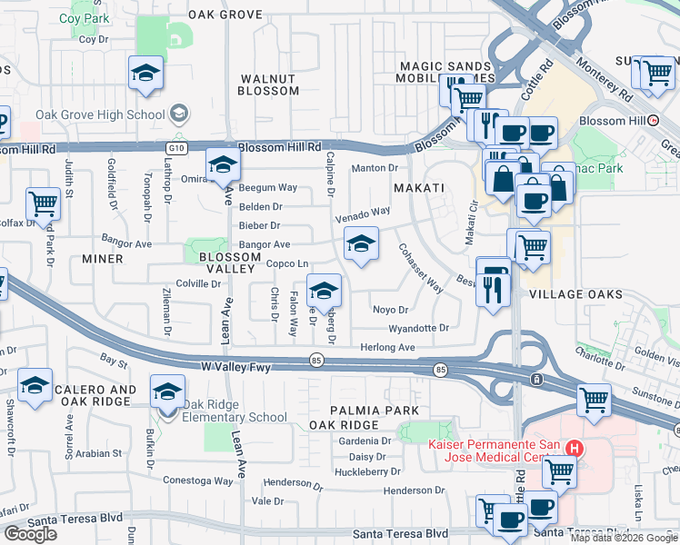 map of restaurants, bars, coffee shops, grocery stores, and more near 5801 Calpine Drive in San Jose