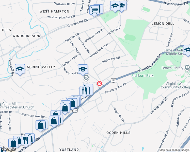 map of restaurants, bars, coffee shops, grocery stores, and more near 3021-3199 Spring Road Southwest in Roanoke