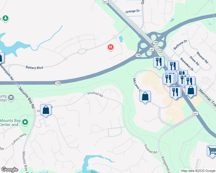 map of restaurants, bars, coffee shops, grocery stores, and more near 116 Tolers Road in Williamsburg