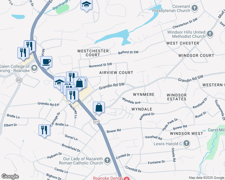 map of restaurants, bars, coffee shops, grocery stores, and more near 4641 Heather Drive Southwest in Roanoke
