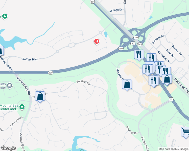 map of restaurants, bars, coffee shops, grocery stores, and more near 116 Tolers Road in Williamsburg