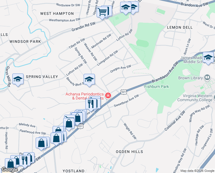 map of restaurants, bars, coffee shops, grocery stores, and more near 2636 Montgomery Avenue Southwest in Roanoke