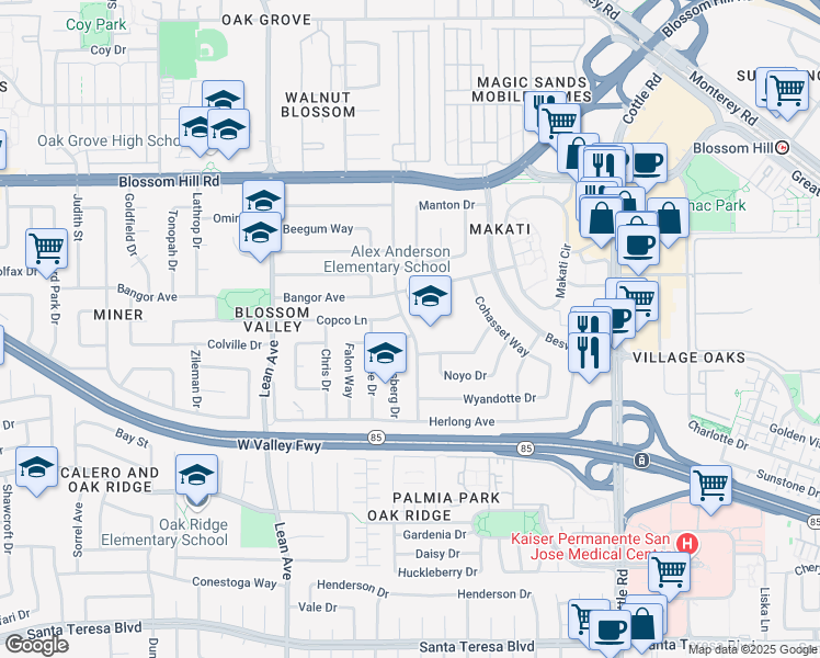 map of restaurants, bars, coffee shops, grocery stores, and more near 5800 Calpine Drive in San Jose