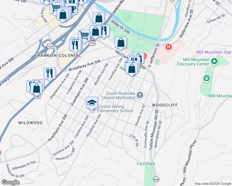 map of restaurants, bars, coffee shops, grocery stores, and more near 204 24th Street Southwest in Roanoke