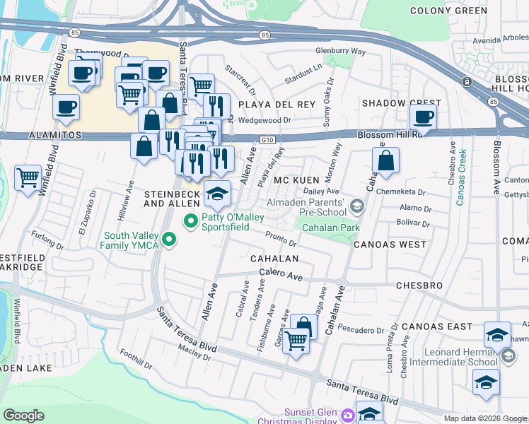 map of restaurants, bars, coffee shops, grocery stores, and more near 5715 Calmor Avenue in San Jose