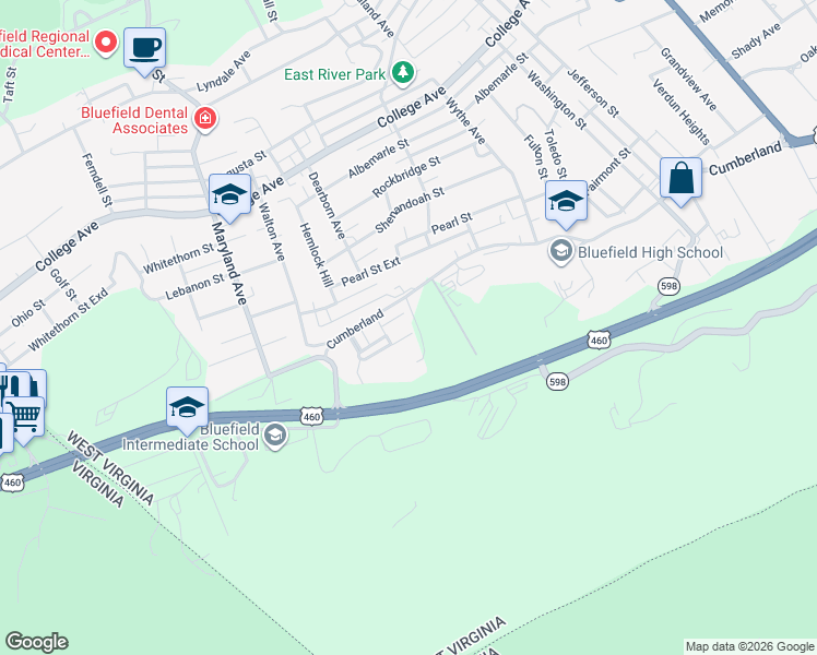 map of restaurants, bars, coffee shops, grocery stores, and more near 732 3 Springs Drive in Bluefield