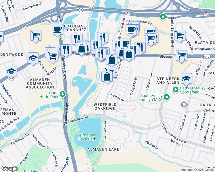map of restaurants, bars, coffee shops, grocery stores, and more near 5859 Winfield Boulevard in San Jose