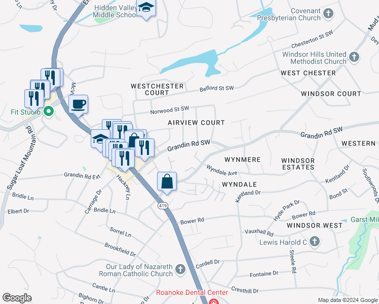 map of restaurants, bars, coffee shops, grocery stores, and more near 4641 Heather Drive Southwest in Roanoke