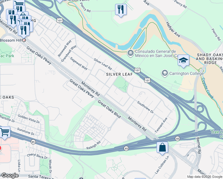 map of restaurants, bars, coffee shops, grocery stores, and more near 52 Palmwell Way in San Jose