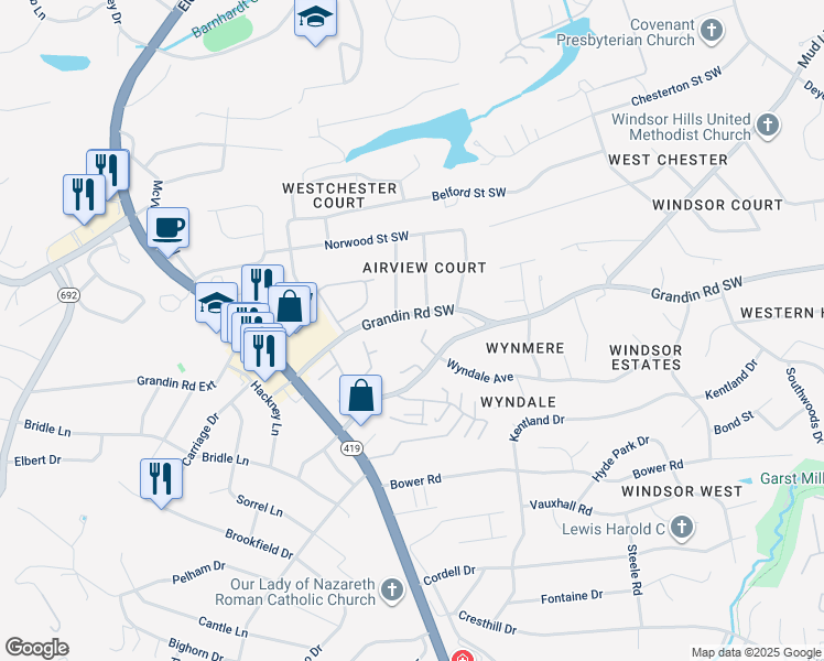 map of restaurants, bars, coffee shops, grocery stores, and more near 4641 Heather Drive Southwest in Roanoke