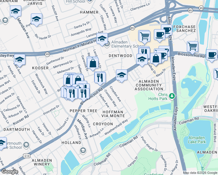 map of restaurants, bars, coffee shops, grocery stores, and more near 5627 Croydon Avenue in San Jose