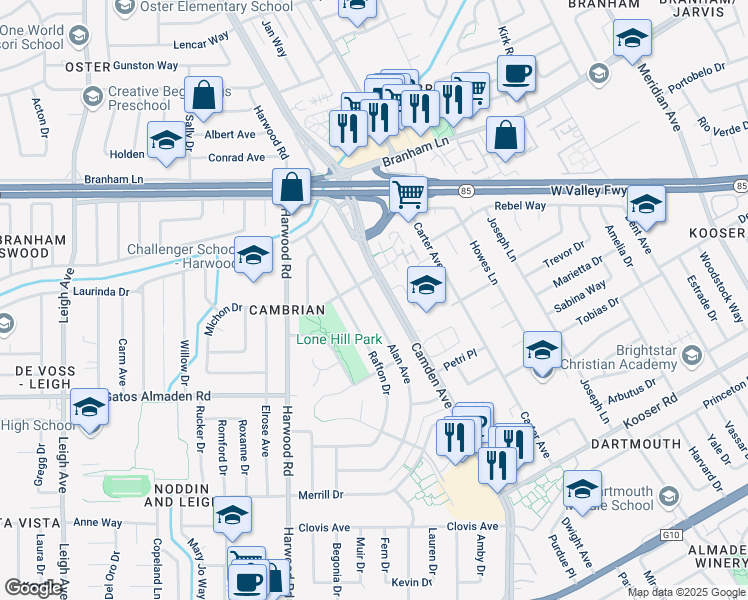map of restaurants, bars, coffee shops, grocery stores, and more near 5048 Alan Avenue in San Jose