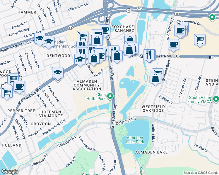map of restaurants, bars, coffee shops, grocery stores, and more near 5745 Almaden Road in San Jose