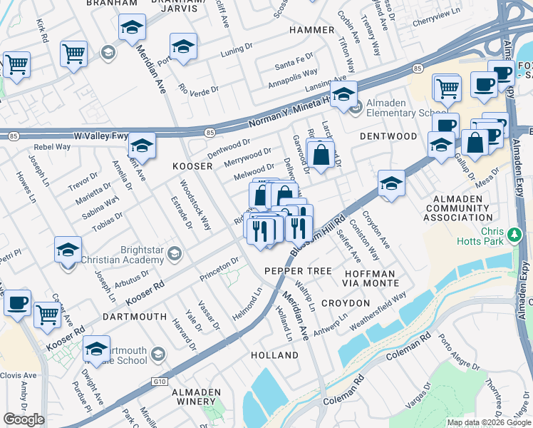 map of restaurants, bars, coffee shops, grocery stores, and more near 1395 Kooser Road in San Jose