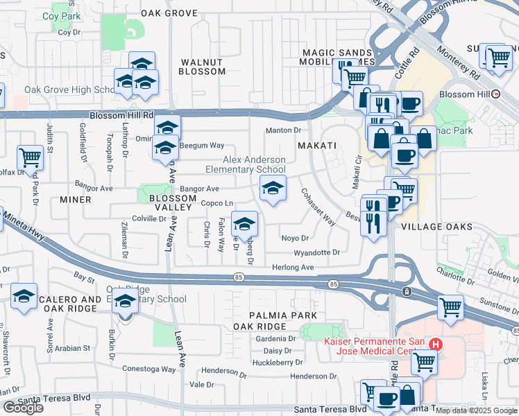 map of restaurants, bars, coffee shops, grocery stores, and more near 5801 Calpine Drive in San Jose