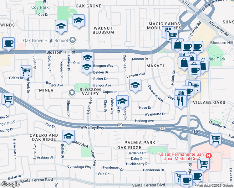 map of restaurants, bars, coffee shops, grocery stores, and more near 5812 Embee Drive in San Jose