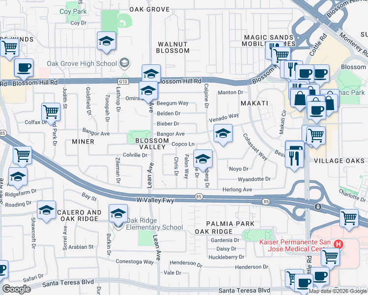 map of restaurants, bars, coffee shops, grocery stores, and more near 5808 Chris Drive in San Jose