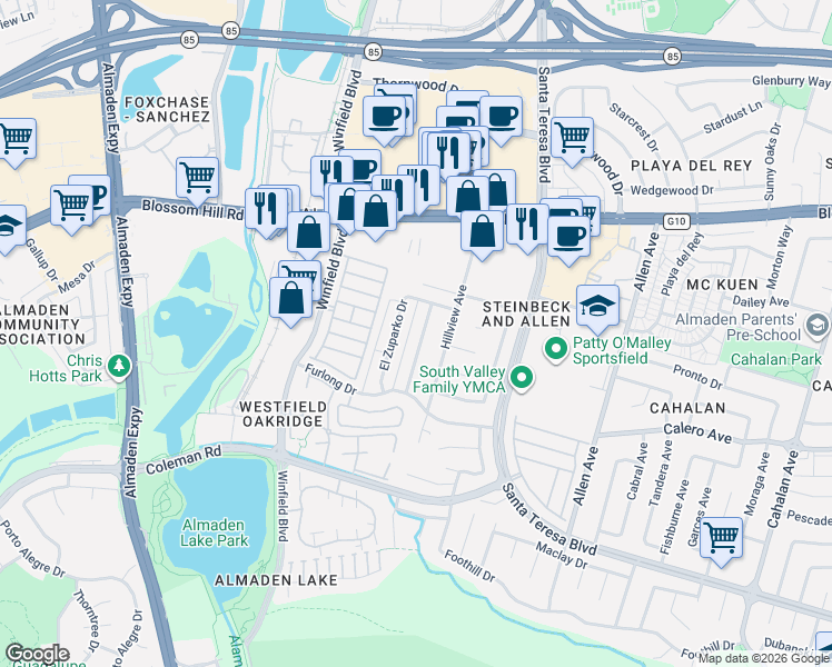 map of restaurants, bars, coffee shops, grocery stores, and more near 5868 El Zuparko Drive in San Jose