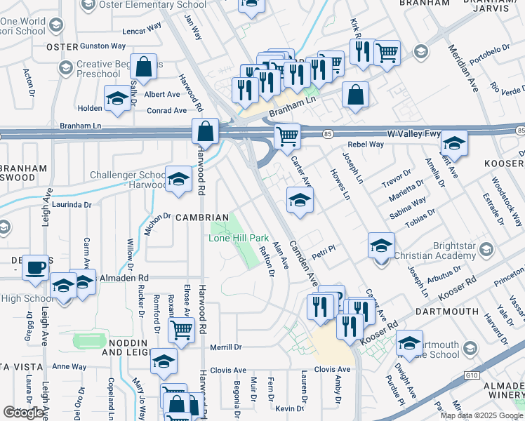 map of restaurants, bars, coffee shops, grocery stores, and more near 5048 Alan Avenue in San Jose