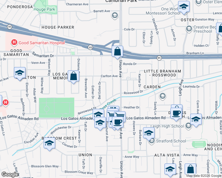 map of restaurants, bars, coffee shops, grocery stores, and more near 4990 Bel Escou Drive in San Jose