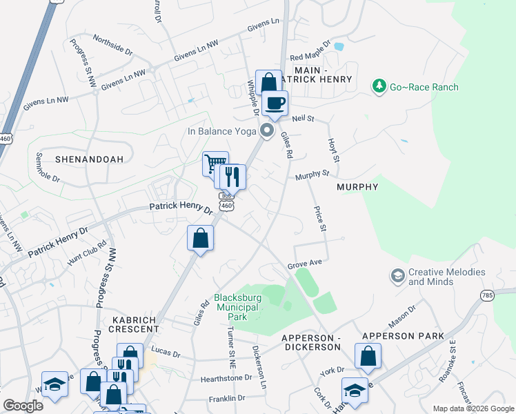 map of restaurants, bars, coffee shops, grocery stores, and more near in Blacksburg