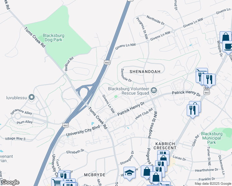 map of restaurants, bars, coffee shops, grocery stores, and more near 409 Laurence Lane in Blacksburg