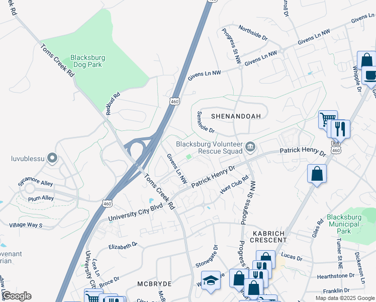 map of restaurants, bars, coffee shops, grocery stores, and more near 417 Laurence Lane in Blacksburg