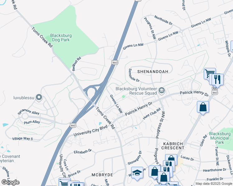 map of restaurants, bars, coffee shops, grocery stores, and more near 1403 Christine Court in Blacksburg