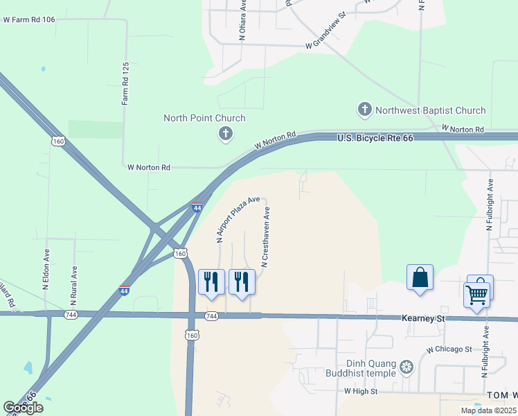 map of restaurants, bars, coffee shops, grocery stores, and more near 2601 North Airport Plaza Avenue in Springfield