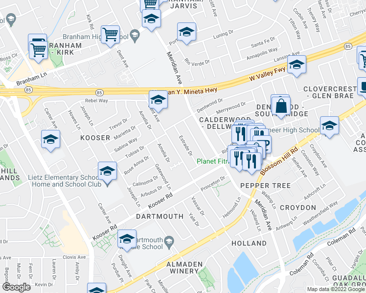 map of restaurants, bars, coffee shops, grocery stores, and more near 5301 Estrade Drive in San Jose