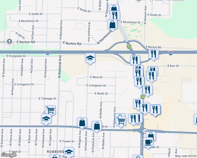 map of restaurants, bars, coffee shops, grocery stores, and more near 1437 East Livingston Street in Springfield