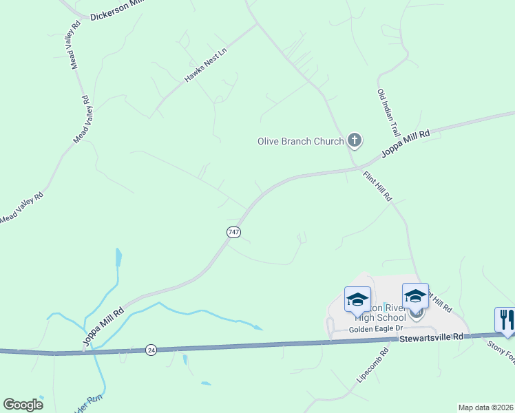 map of restaurants, bars, coffee shops, grocery stores, and more near 6394 Joppa Mill Road in Moneta