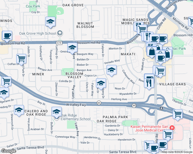 map of restaurants, bars, coffee shops, grocery stores, and more near 228 Copco Lane in San Jose