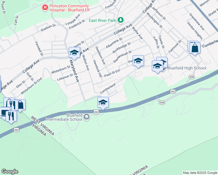 map of restaurants, bars, coffee shops, grocery stores, and more near West Cumberland Road in Bluefield
