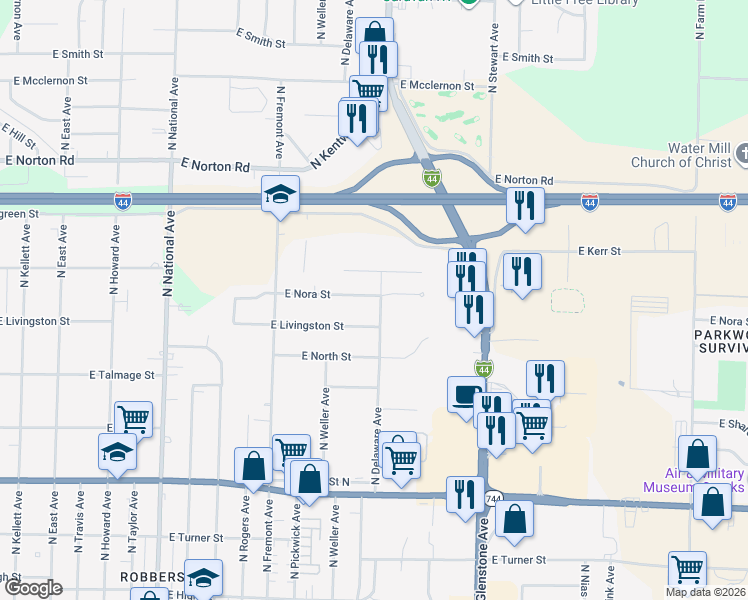 map of restaurants, bars, coffee shops, grocery stores, and more near 2719 North Delaware Avenue in Springfield