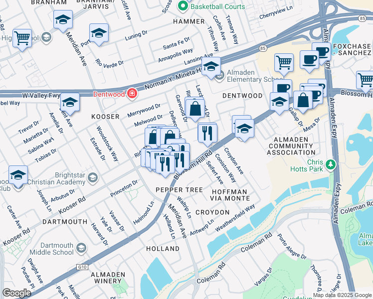 map of restaurants, bars, coffee shops, grocery stores, and more near 5440 Dellwood Way in San Jose