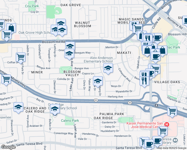 map of restaurants, bars, coffee shops, grocery stores, and more near 228 Copco Lane in San Jose