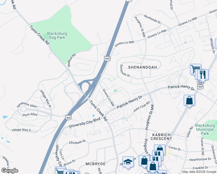 map of restaurants, bars, coffee shops, grocery stores, and more near 1402 Christine Court in Blacksburg