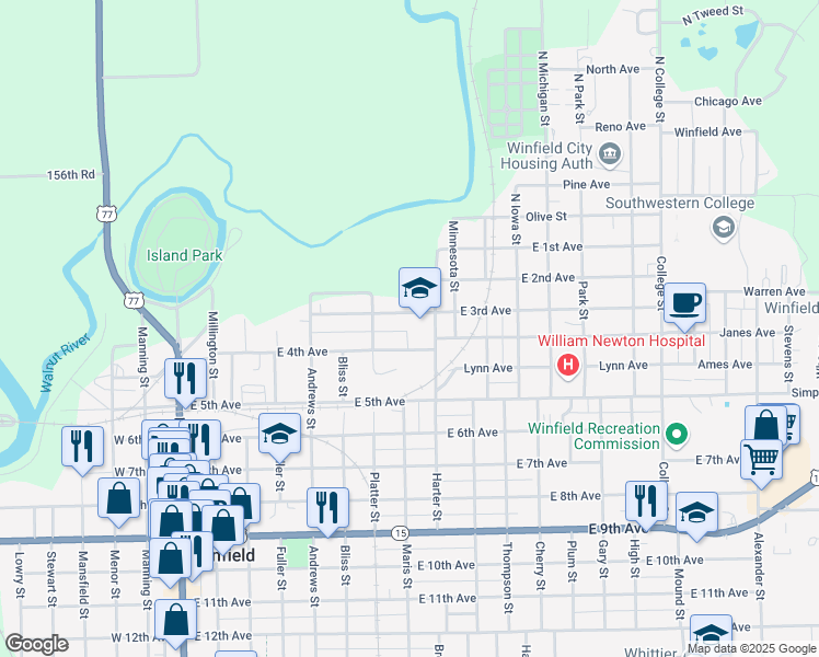 map of restaurants, bars, coffee shops, grocery stores, and more near 311 Harter Street in Winfield