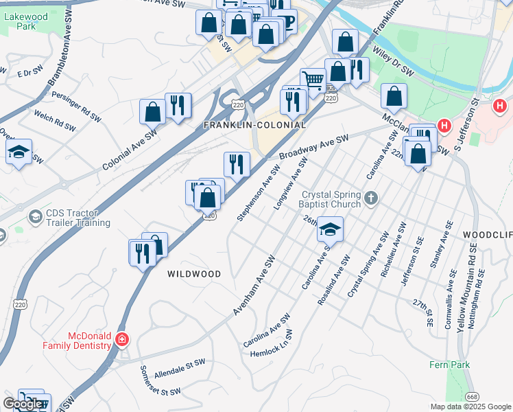 map of restaurants, bars, coffee shops, grocery stores, and more near 2622 Stephenson Avenue Southwest in Roanoke